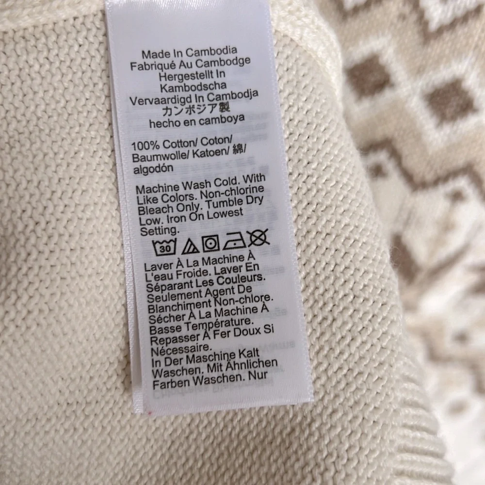 J. Crew 100% Cotton Fair Isle Ivory Brown Crewneck Sweater Puff Slv Sz M SOOL